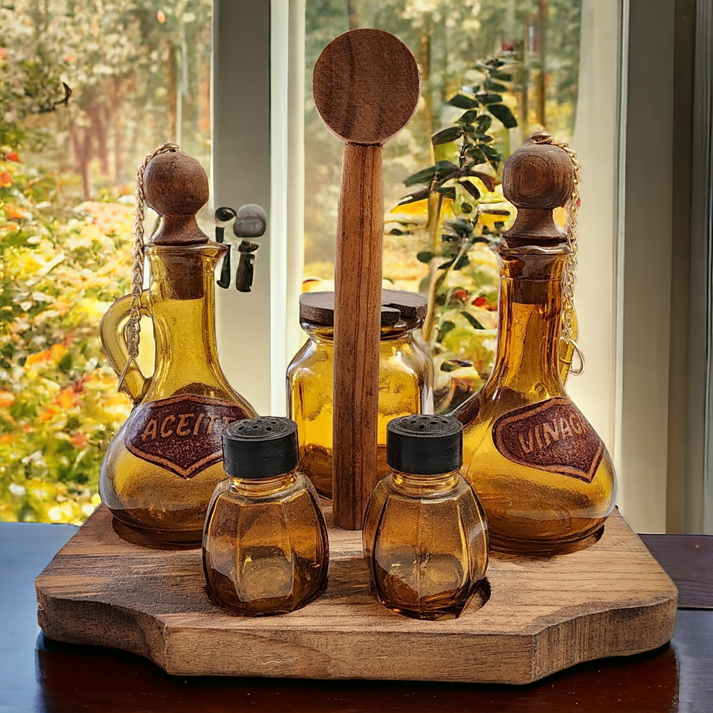 Vintage Wood and Amber Glass Condiment Set 10 Pc