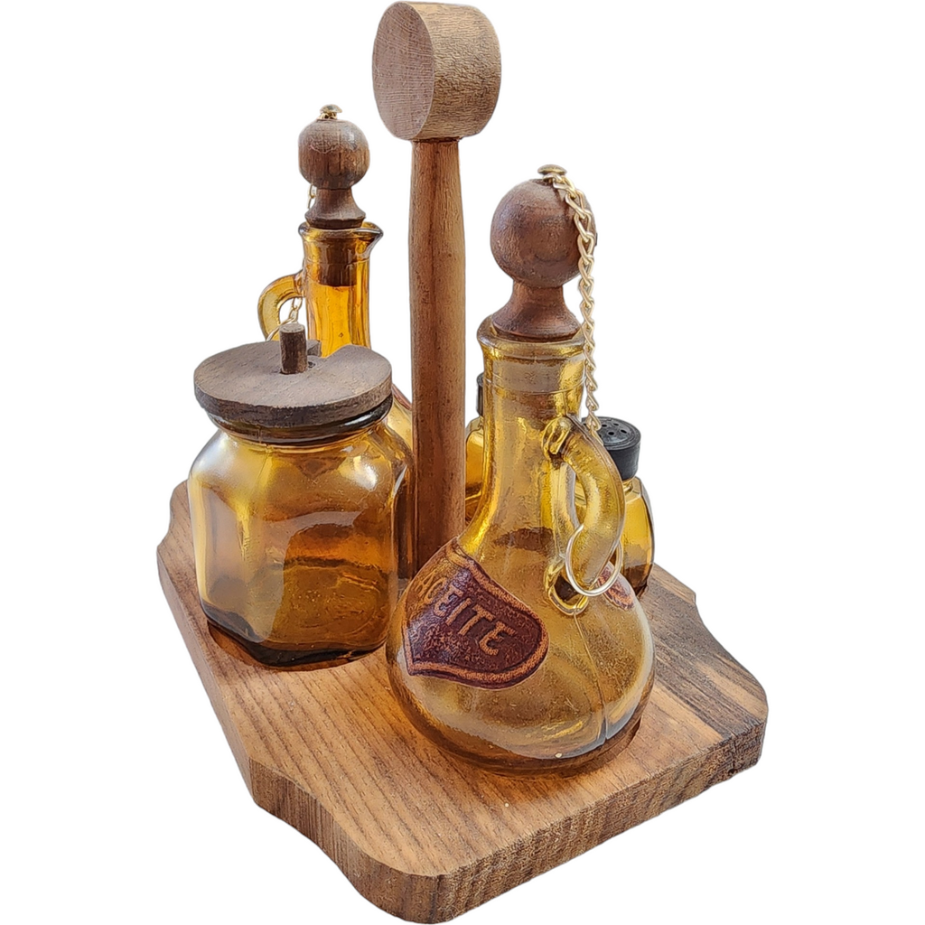 Vintage Wood and Amber Glass Condiment Set 10 Pc