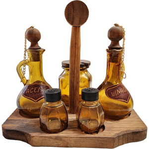 Vintage Wood and Amber Glass Condiment Set 10 Pc