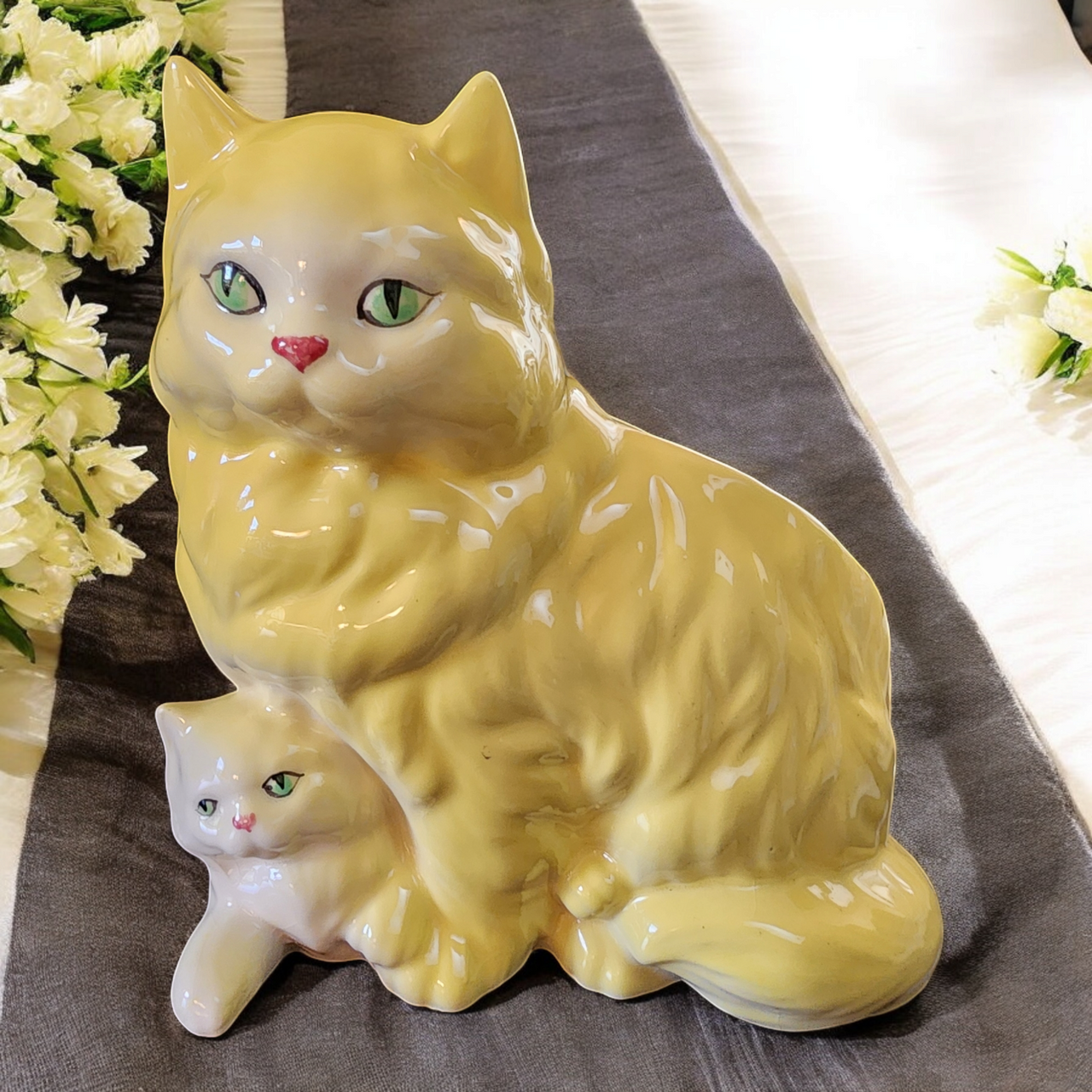 Vintage Yellow Ceramic Cat Figurine with Kitten Planter