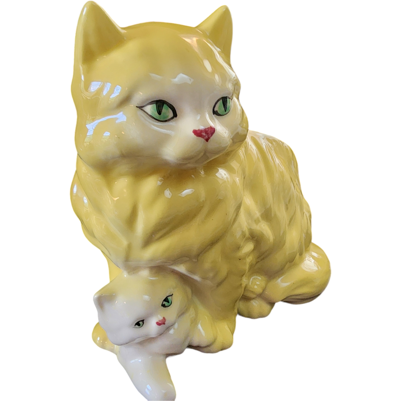 Vintage Yellow Ceramic Cat Figurine with Kitten Planter