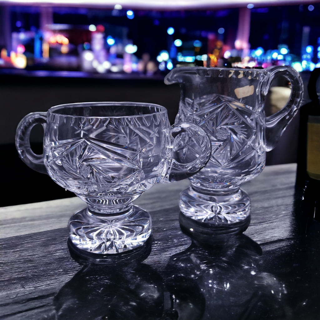 Violetta Hand Cut 24% Lead Crystal Heavy Weight Footed Sugar & Creamer Poland