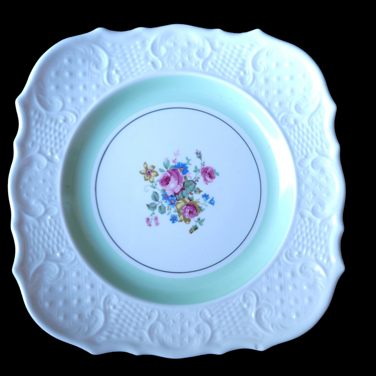 Vogue Flowers and Pastel Band Border Square Salad Plates Set of 4