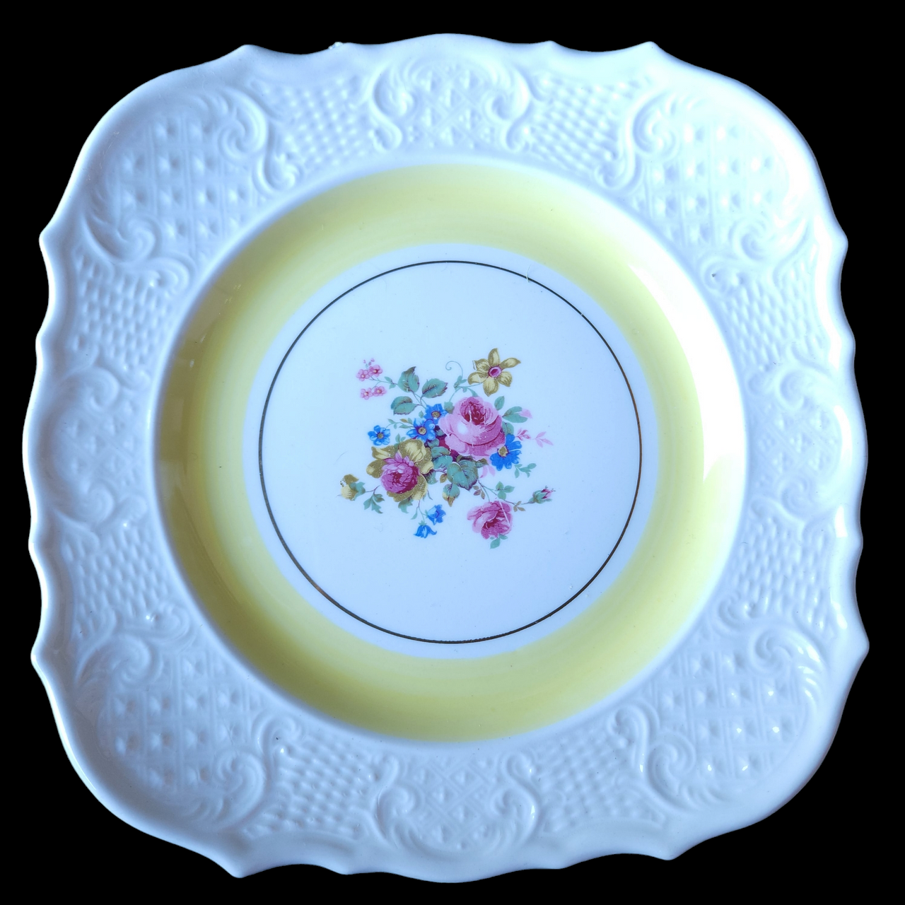 Vogue Flowers and Pastel Band Border Square Salad Plates Set of 4