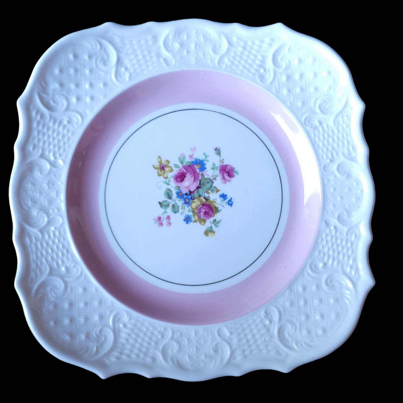Vogue Flowers and Pastel Band Border Square Salad Plates Set of 4