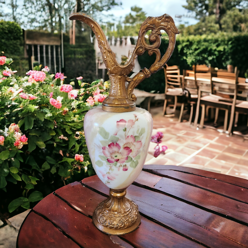 Victorian Mantle Ewer Opaline Milk Glass with Lion Accented Pot Metal Urn Vase