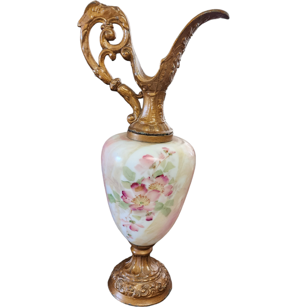 Victorian Mantle Ewer Opaline Milk Glass with Lion Accented Pot Metal Urn Vase