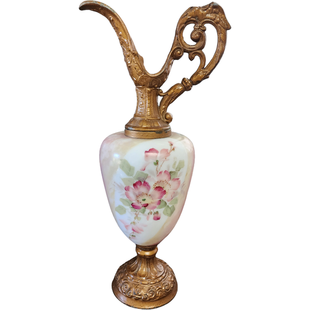 Victorian Mantle Ewer Opaline Milk Glass with Lion Accented Pot Metal Urn Vase