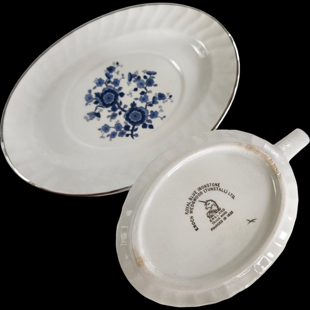 Wedgwood Royal Blue Floral Center Swirled Rim Gravy Boat & Underplate