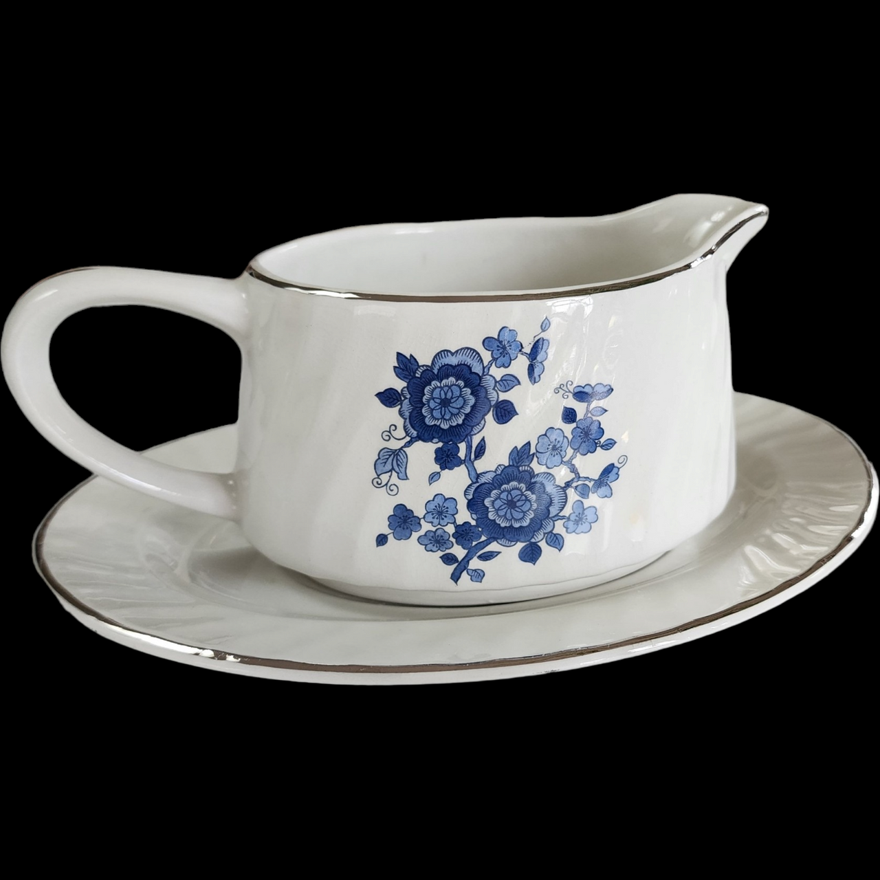 Wedgwood Royal Blue Floral Center Swirled Rim Gravy Boat & Underplate