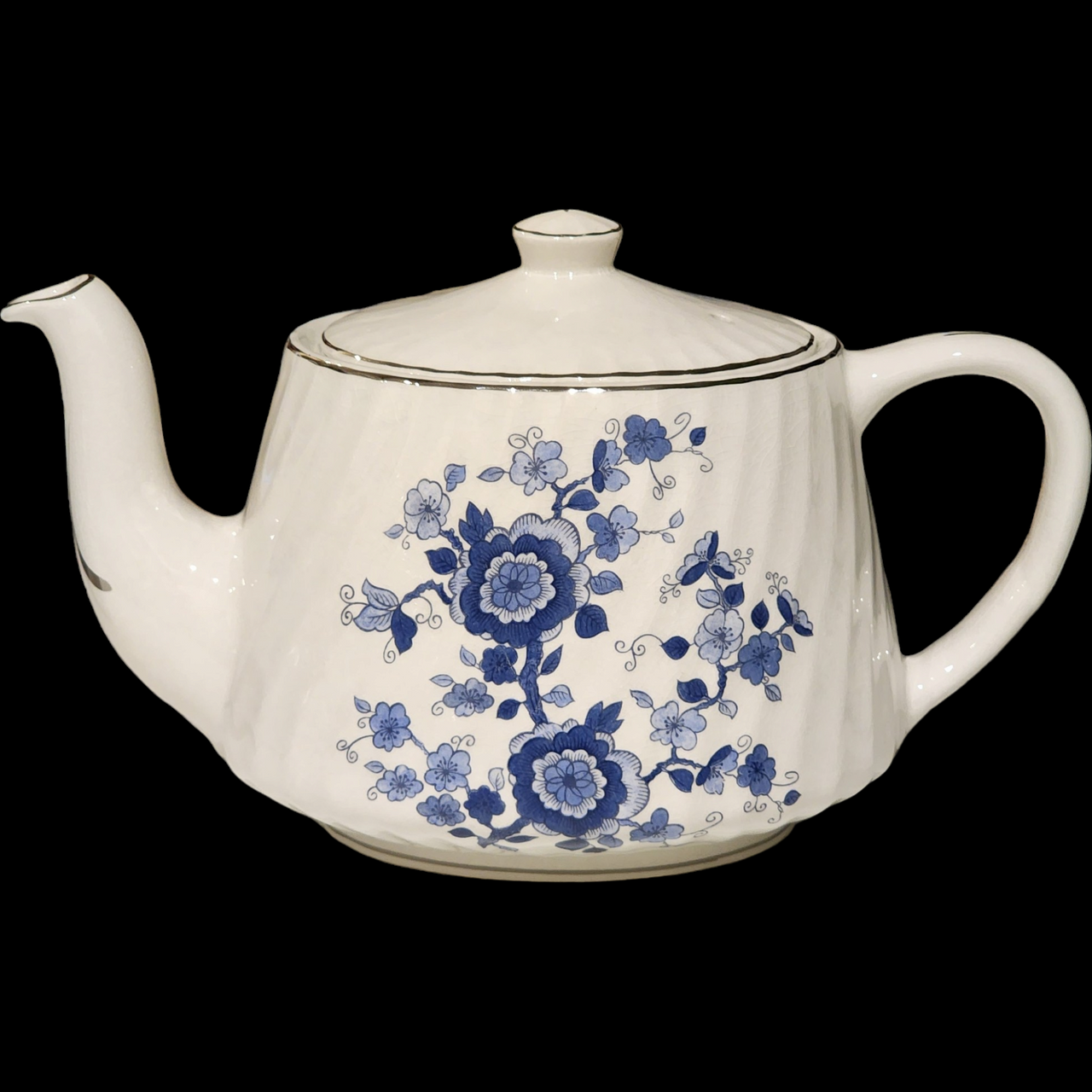 Wedgwood Royal Blue Floral Center Swirled Rim Royal Blue Teapot & Lid
