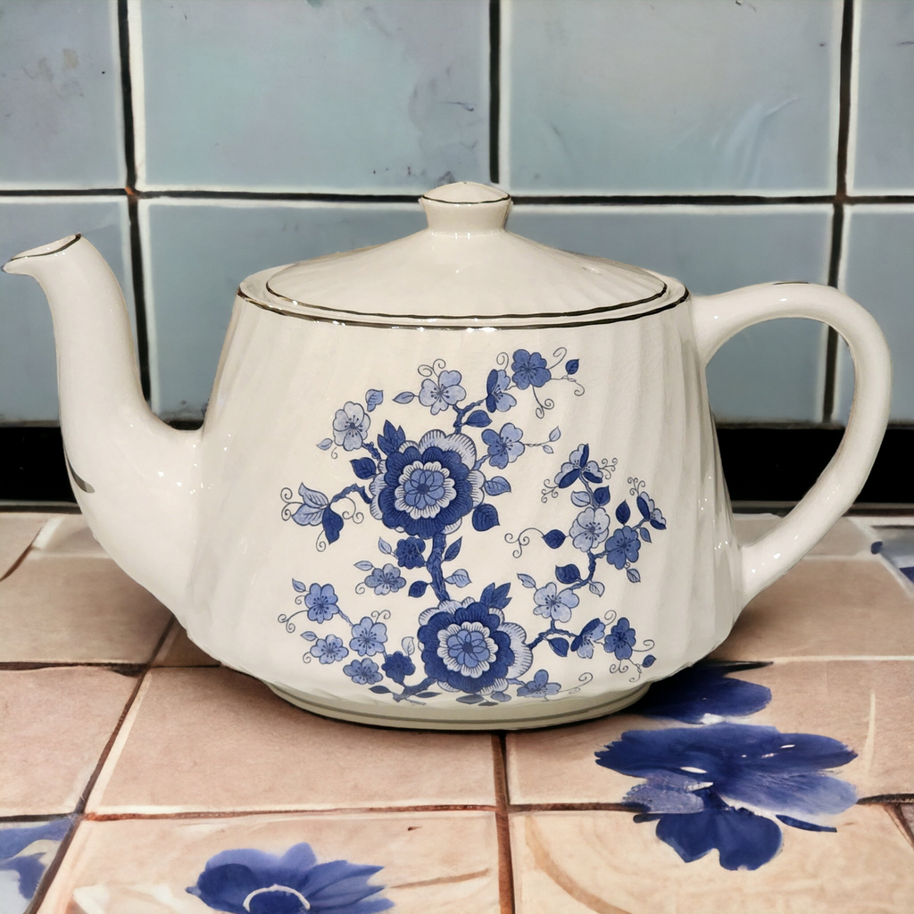 Wedgwood Royal Blue Floral Center Swirled Rim Royal Blue Teapot & Lid
