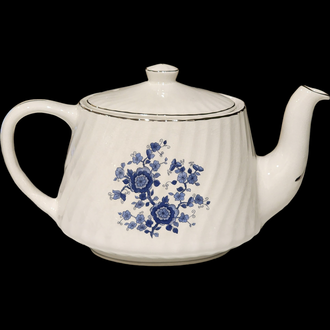 Wedgwood Royal Blue Floral Center Swirled Rim Royal Blue Teapot & Lid