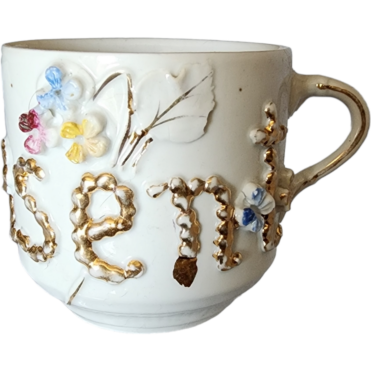 West Germany Porcelain Mustache Cup with Raised Floral and Gilt Decoration