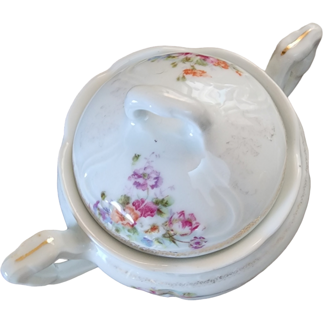 West Germany Porcelain Pale Flowers Scalloped Gold Filigree Sugar Bowl with Lid
