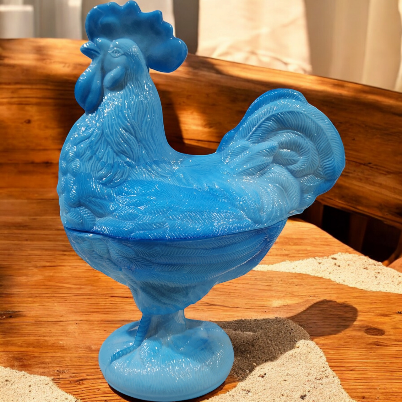Westmoreland Blue Opaque Slag Glass Standing Rooster Box & Lid