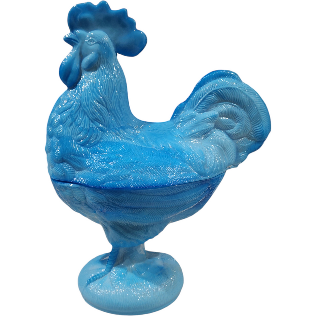 Westmoreland Blue Opaque Slag Glass Standing Rooster Box & Lid