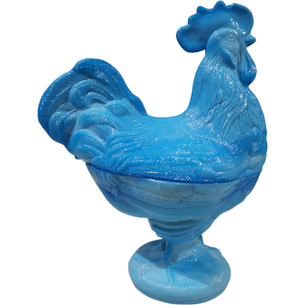 Westmoreland Blue Opaque Slag Glass Standing Rooster Box & Lid