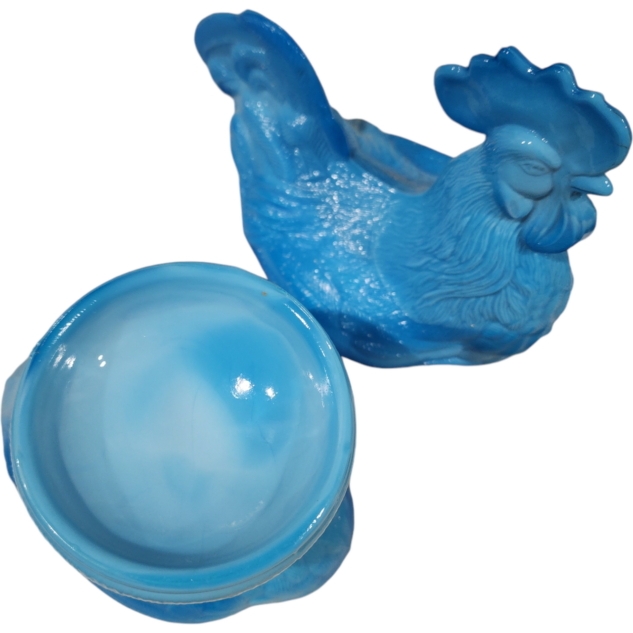 Westmoreland Blue Opaque Slag Glass Standing Rooster Box & Lid