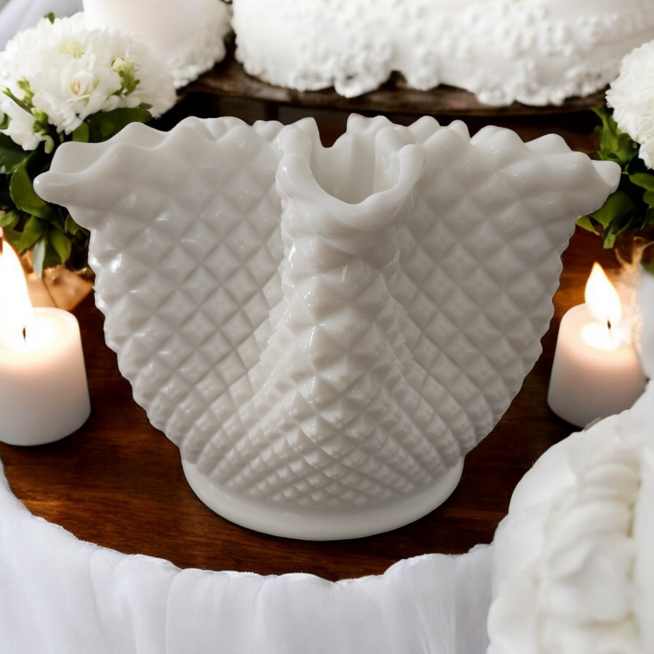 Westmoreland English Hobnail Milk Glass Round Base Crimped Bowl