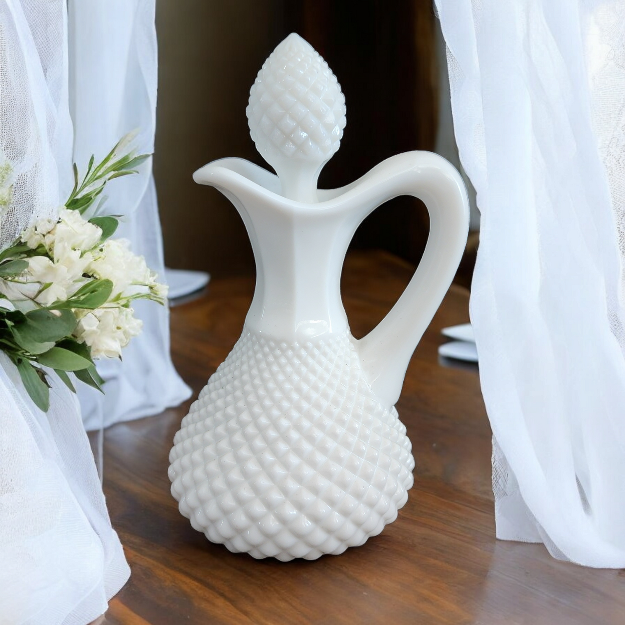 Westmoreland English Hobnail Milk Glass Round Base  Oil Cruet & Stopper