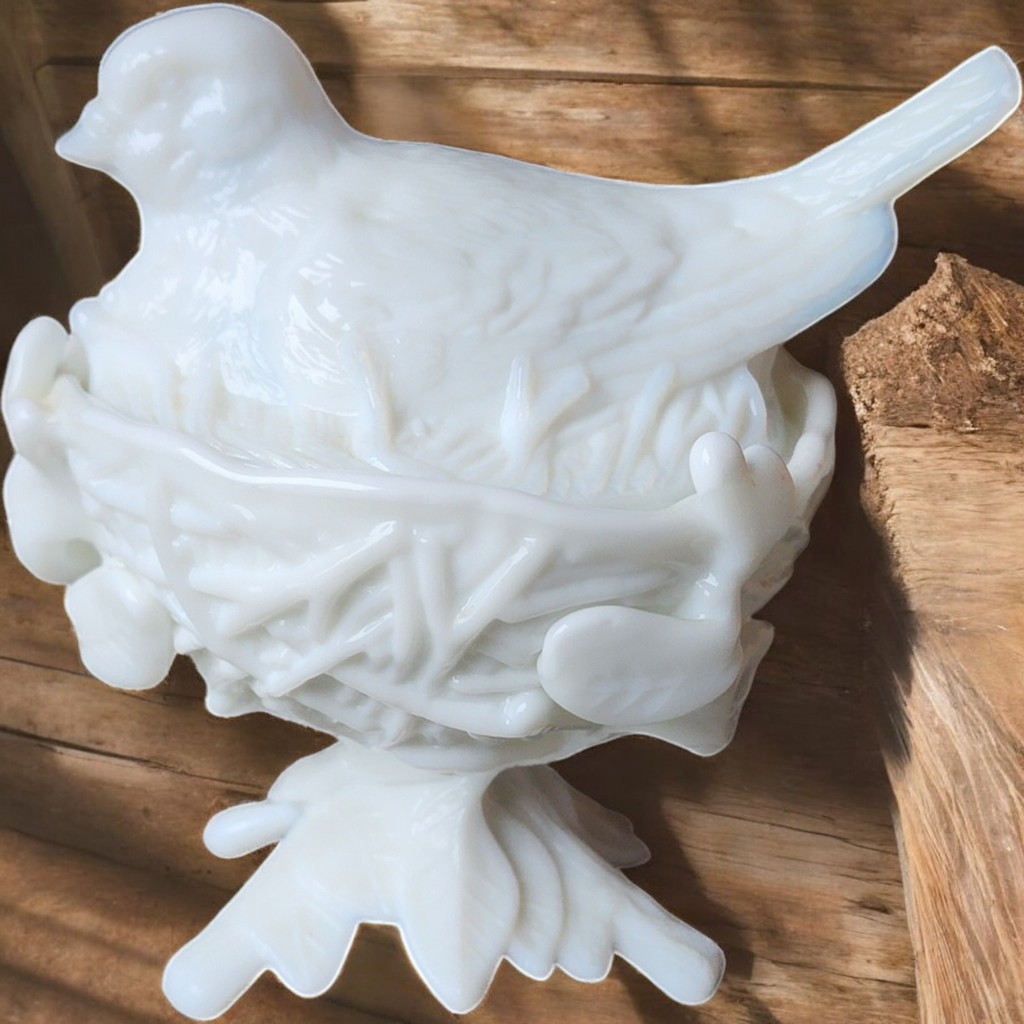 Westmoreland Milk Glass Robin Nest & Lid Dish