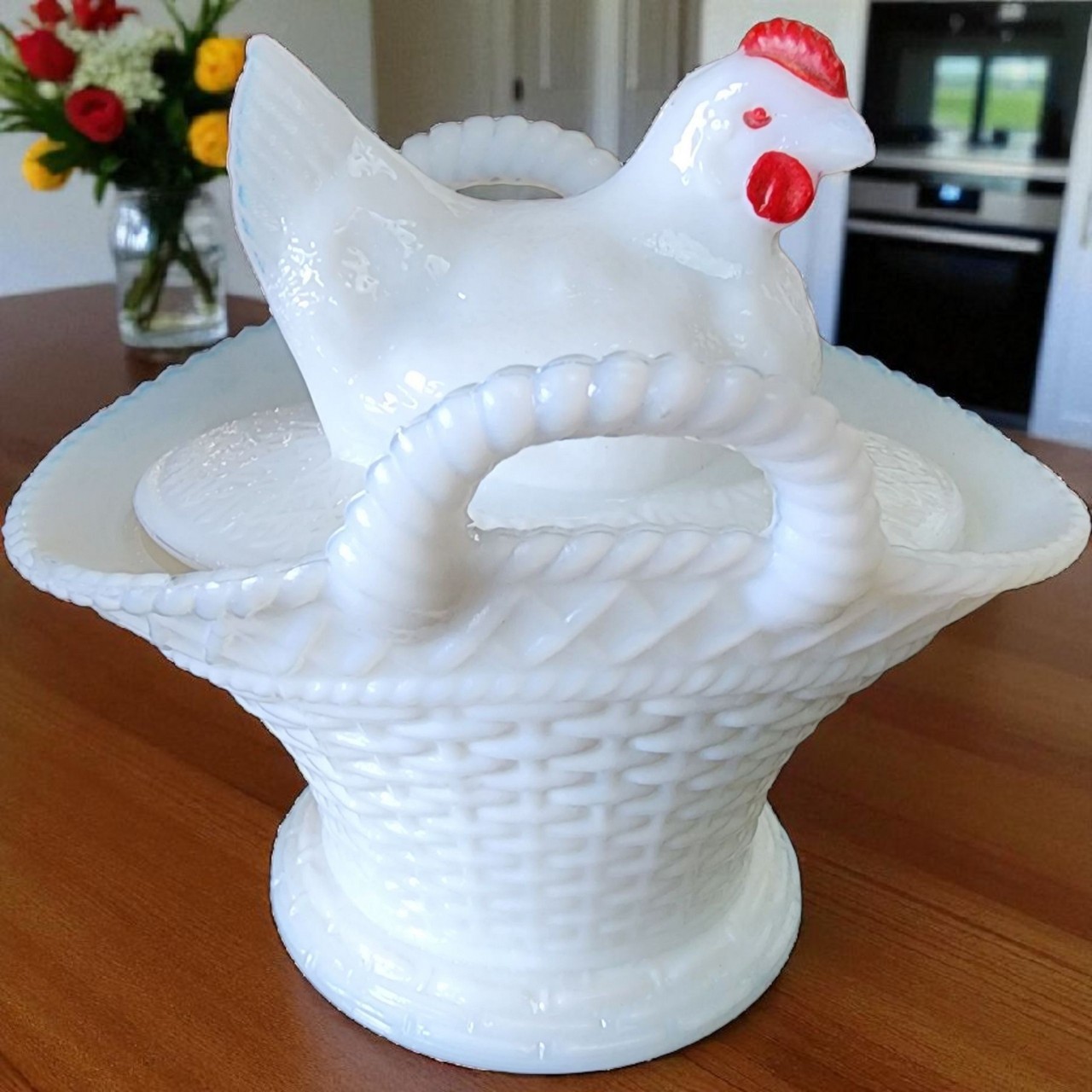 Westmoreland Milk Glass Hen on Nest Basket Dish Vintage Covered Candy or Trinket Dish