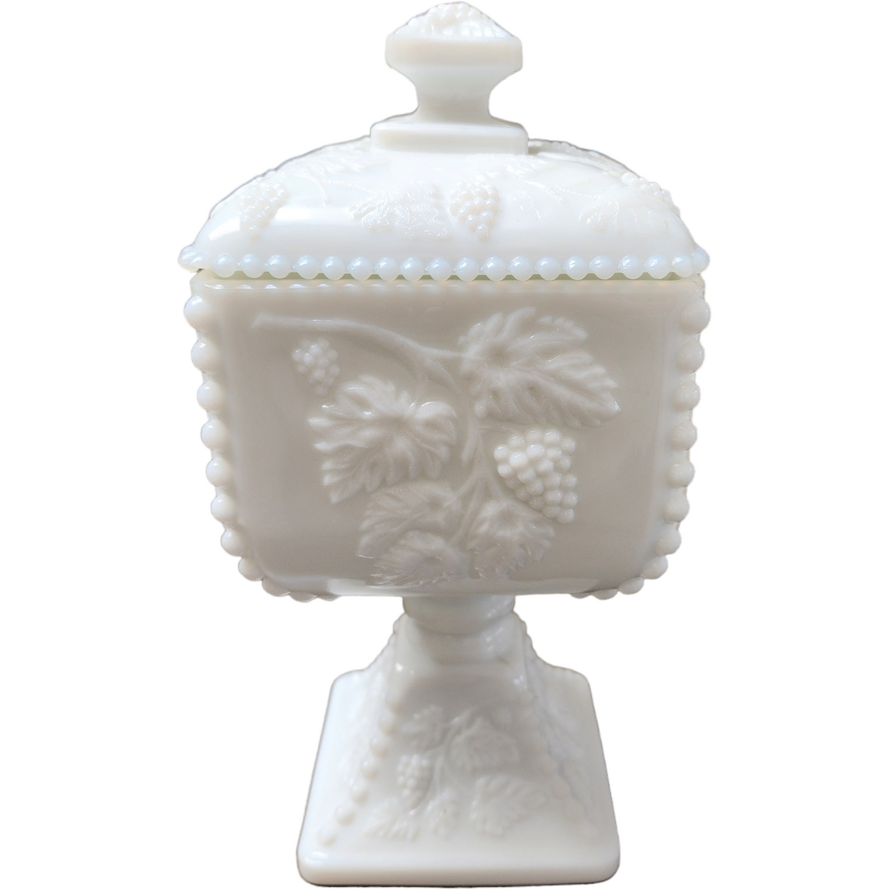 Westmoreland Paneled Grape Milk Glass Bead Large Candy Dish with Lid