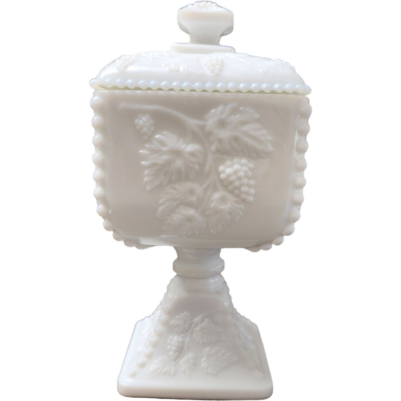 Westmoreland Paneled Grape Milk Glass Bead Large Candy Dish with Lid