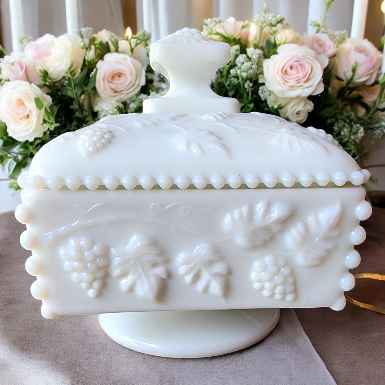 Westmoreland Paneled Grape Milk Glass Beaded Honey Dish & Lid