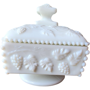 Westmoreland Paneled Grape Milk Glass Beaded Honey Dish & Lid
