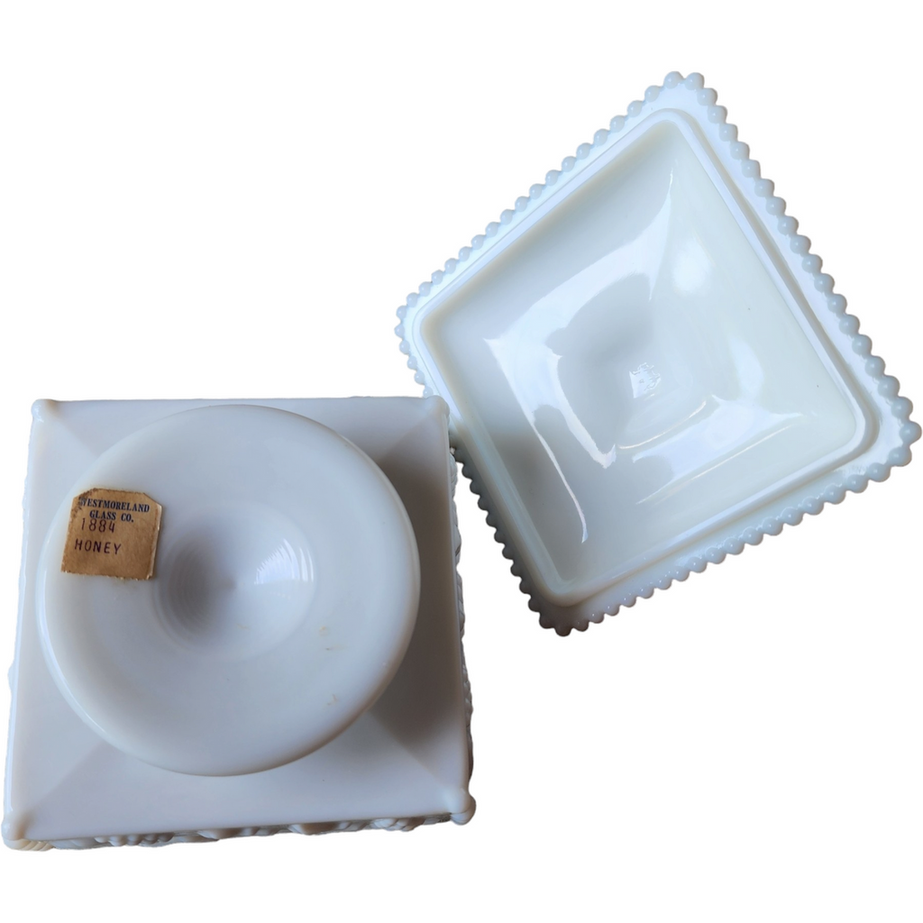Westmoreland Paneled Grape Milk Glass Beaded Honey Dish & Lid