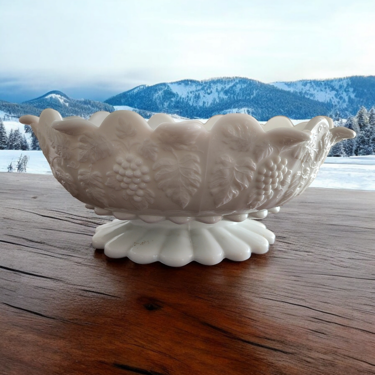 Westmoreland Paneled Grape Milk Glass  Oval Footed Lipped Bowl