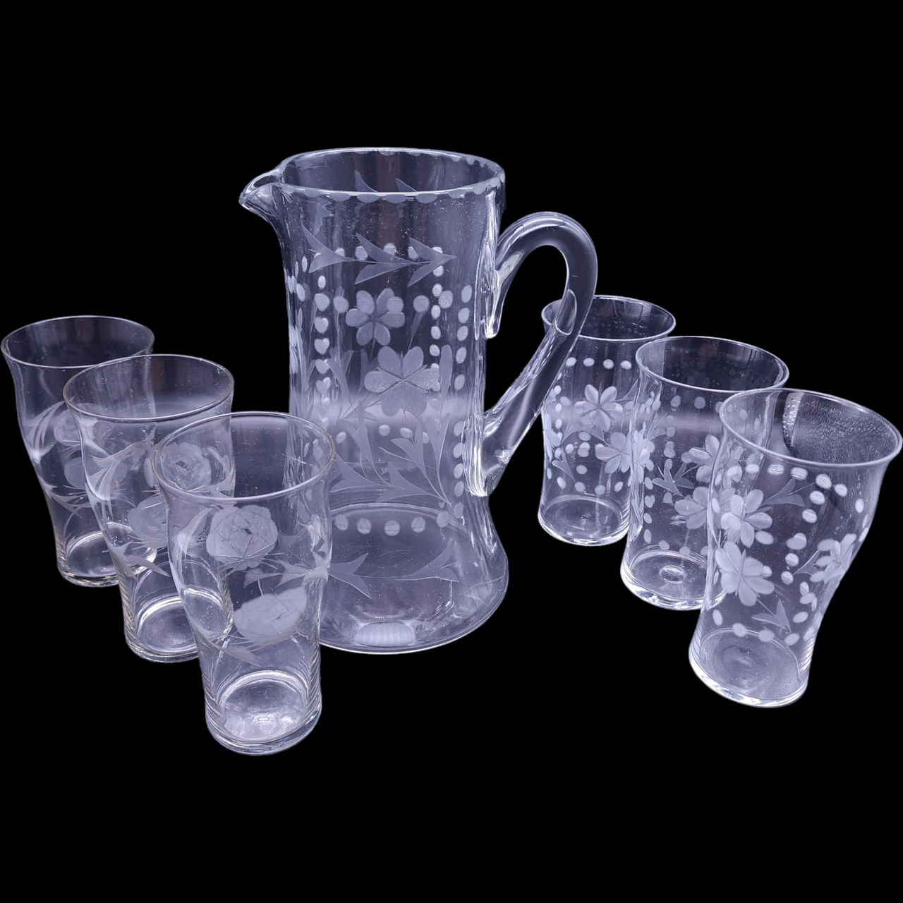 Vintage Wheel Cut Flowers Glass Lemondade Set Pitcher & Glasses Set of 7