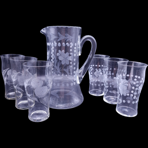 Vintage Wheel Cut Flowers Glass Lemondade Set Pitcher & Glasses Set of 7