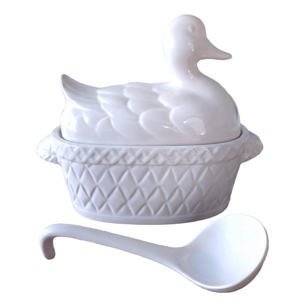 White Ceramic Duck Basket Soup Tureen With Ladle