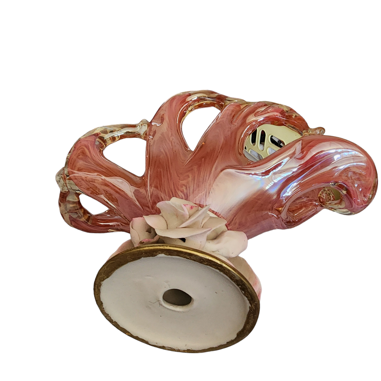 White Cristal Murano Glass Napkin Holder with Capodimonte Porcelain Roses Decor
