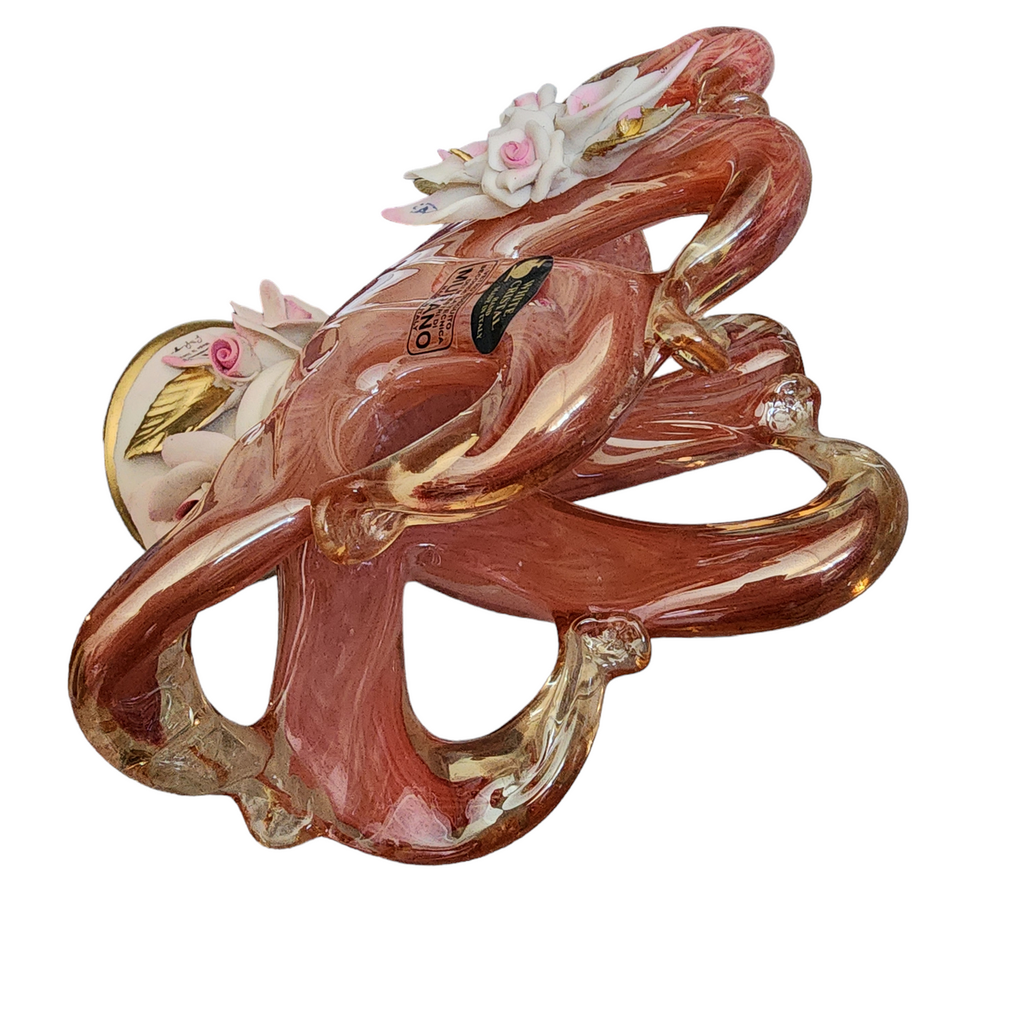 White Cristal Murano Glass Napkin Holder with Capodimonte Porcelain Roses Decor