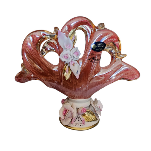White Cristal Murano Glass Napkin Holder with Capodimonte Porcelain Roses Decor
