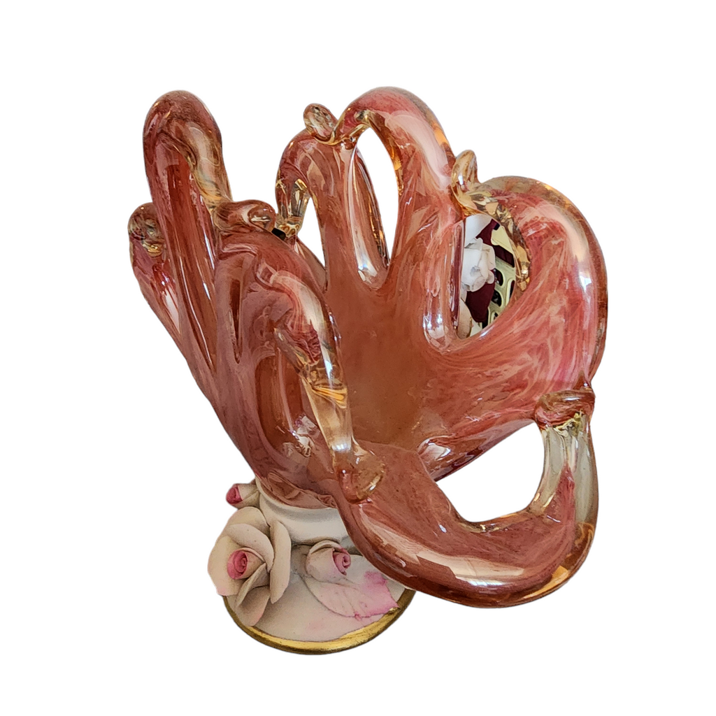 White Cristal Murano Glass Napkin Holder with Capodimonte Porcelain Roses Decor