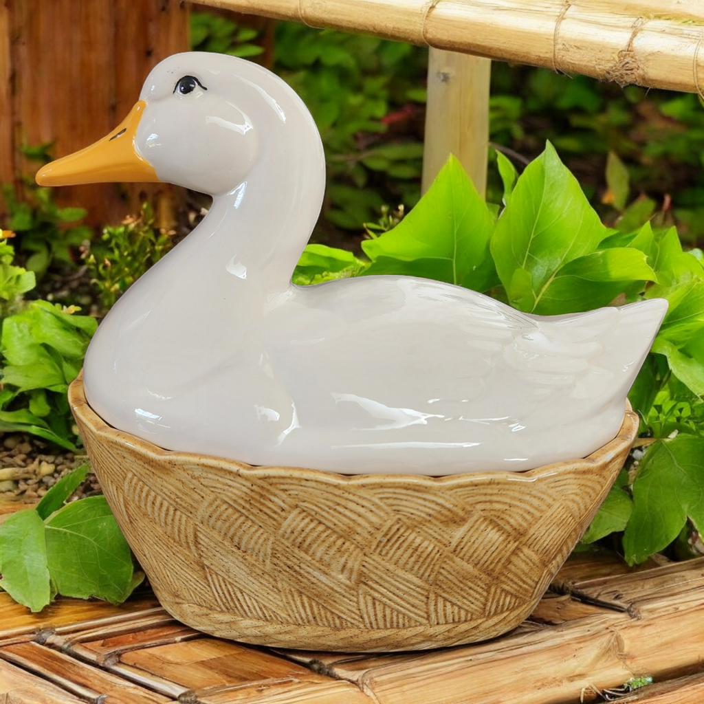 White Duck On Woven Basket Glossy Finish Ceramic Covered Dish Cookie Canister