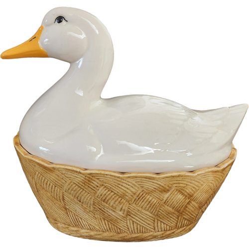 White Duck On Woven Basket Glossy Finish Ceramic Covered Dish Cookie Canister
