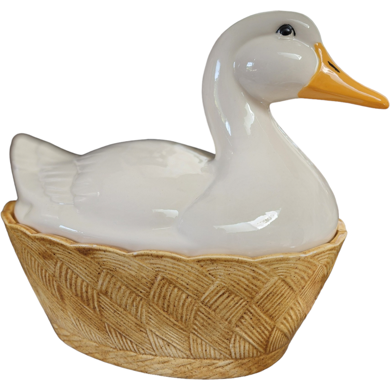 White Duck On Woven Basket Glossy Finish Ceramic Covered Dish Cookie Canister