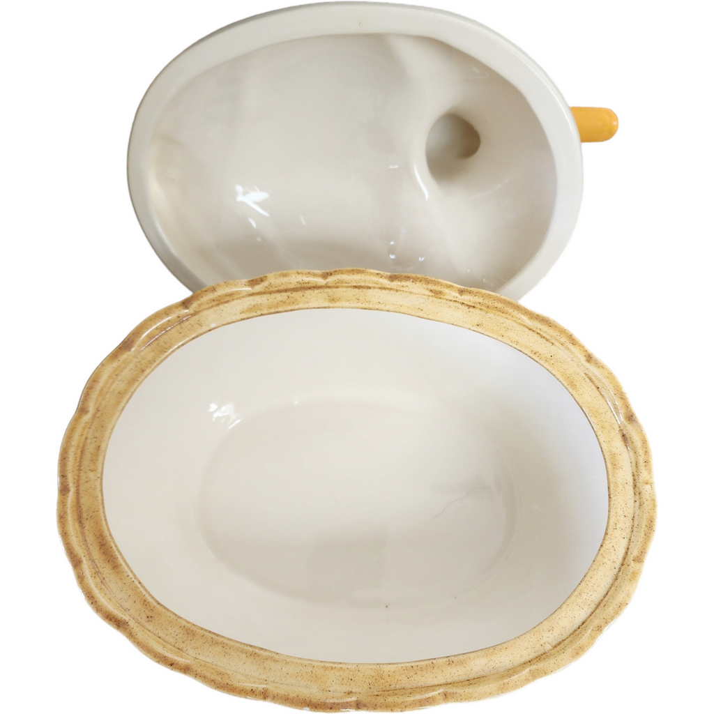 White Duck On Woven Basket Glossy Finish Ceramic Covered Dish Cookie Canister