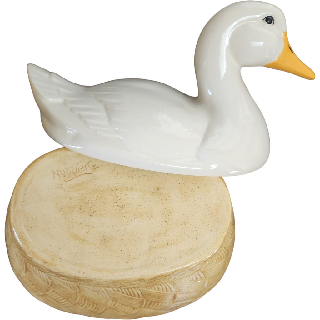 White Duck On Woven Basket Glossy Finish Ceramic Covered Dish Cookie Canister