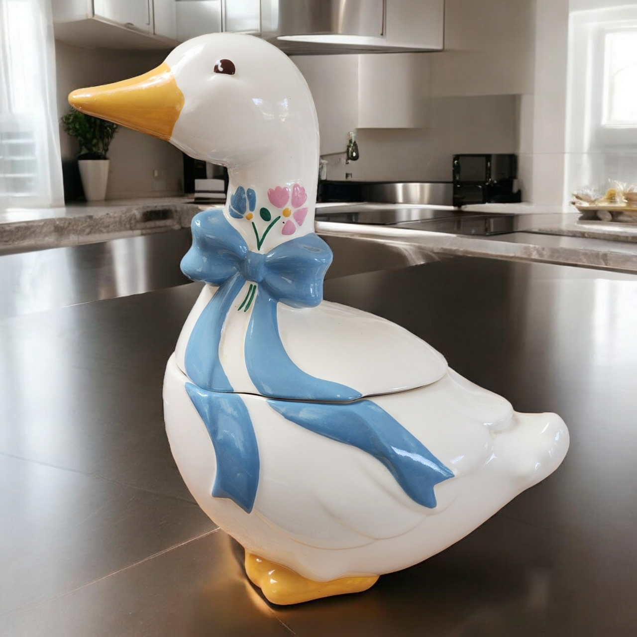 Figural White Goose With Blue Ribbon Bow Shaped Cookie Jar & Lid