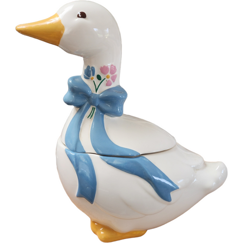 Figural White Goose With Blue Ribbon Bow Shaped Cookie Jar & Lid