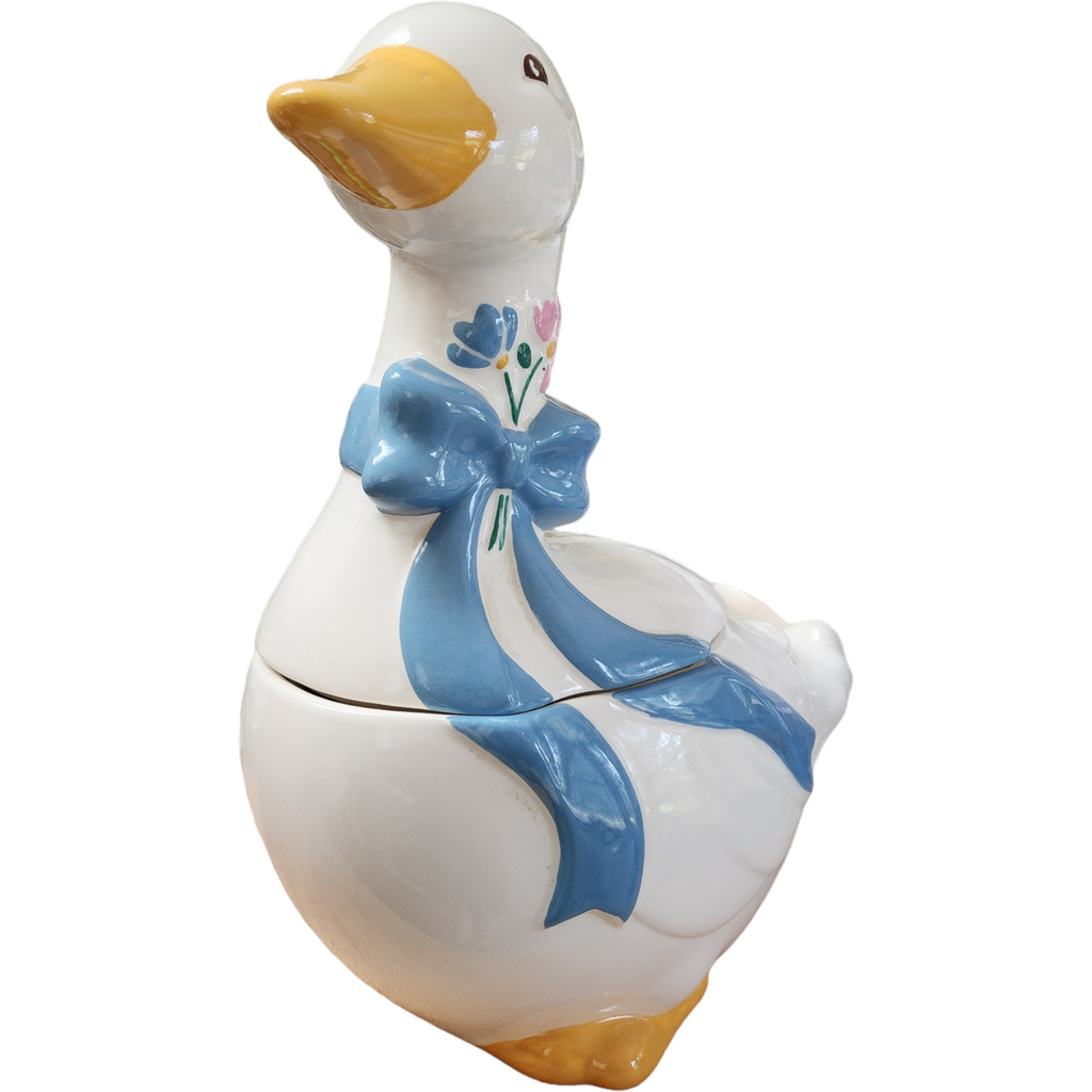 Figural White Goose With Blue Ribbon Bow Shaped Cookie Jar & Lid