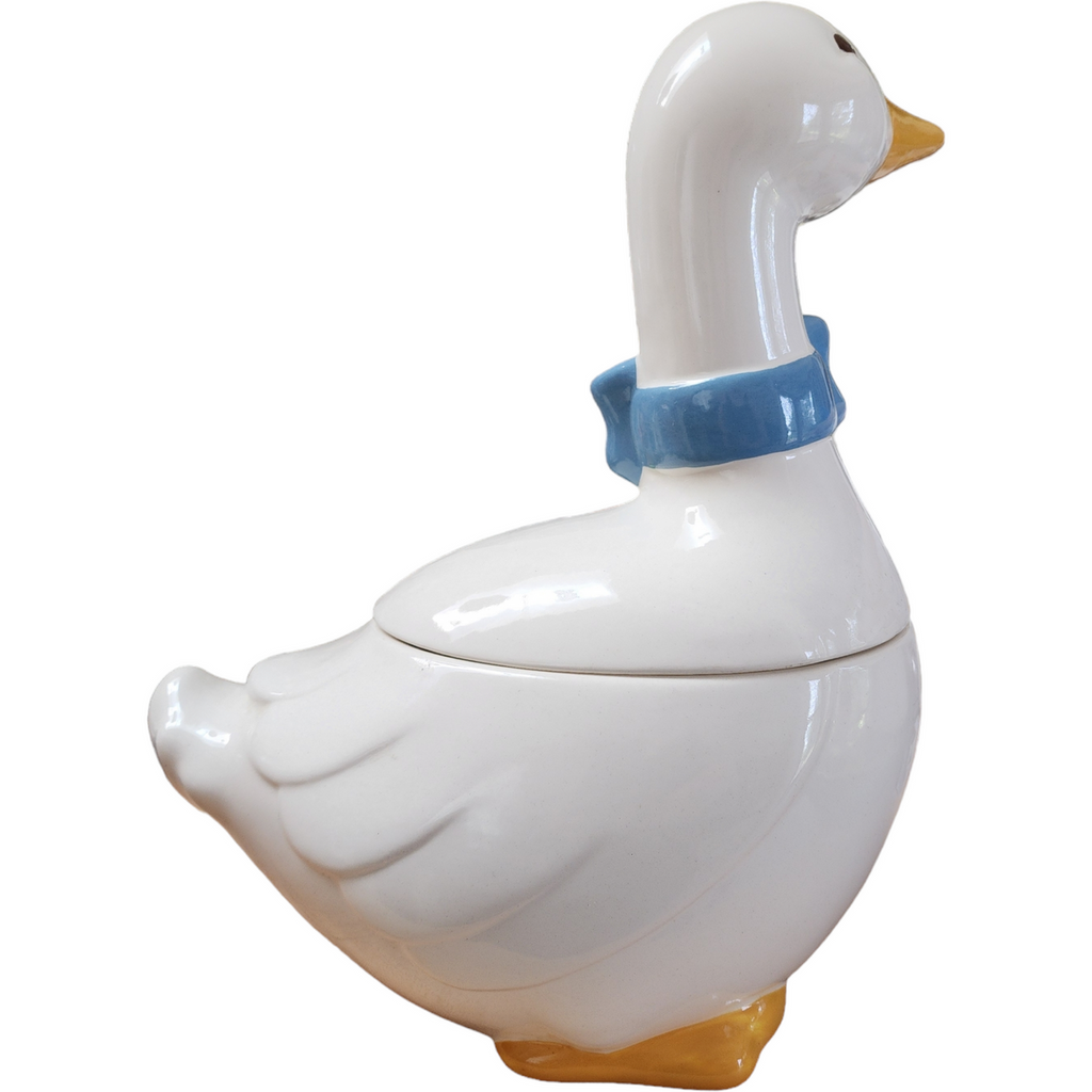 Figural White Goose With Blue Ribbon Bow Shaped Cookie Jar & Lid
