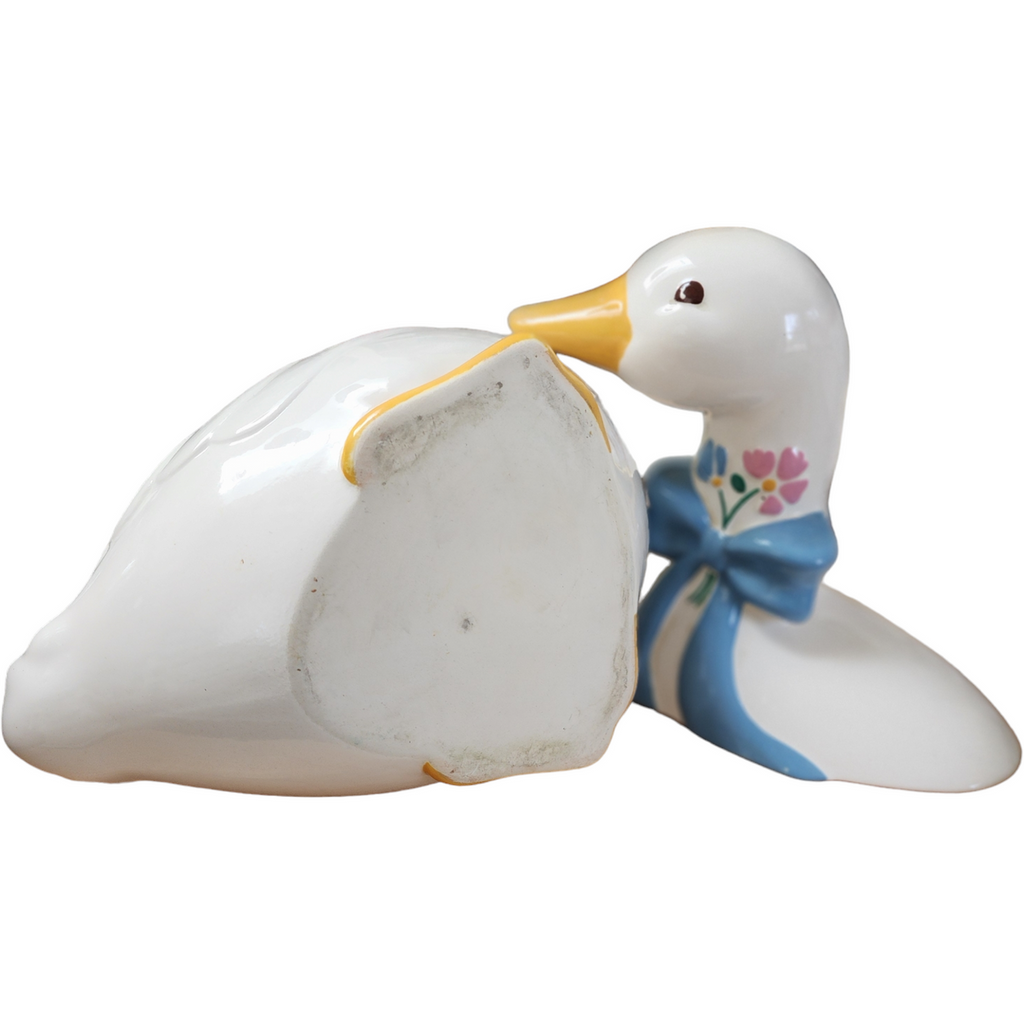 Figural White Goose With Blue Ribbon Bow Shaped Cookie Jar & Lid
